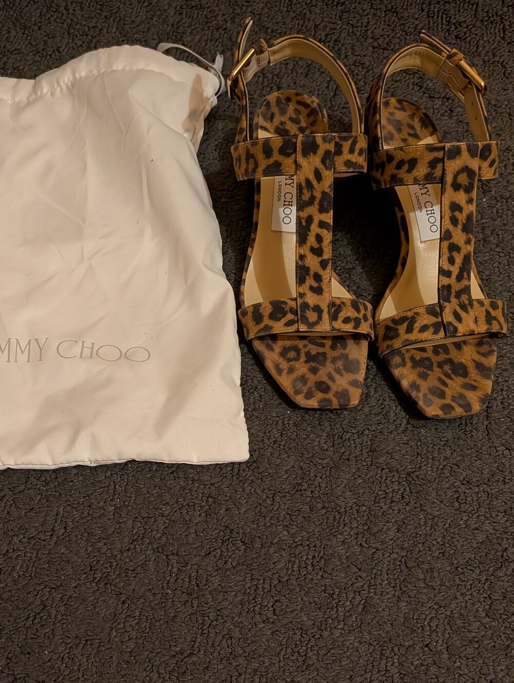 Jimmy Choo Leopard Print Suede T-Strap Heels - Brown/Black/Gold Buckle